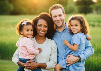 Fototapeta premium Happy family portrait with two young children smiling outdoors at sunset