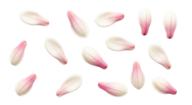 Isolated petals of magnolia in pink and white color, soft and delicate appearance