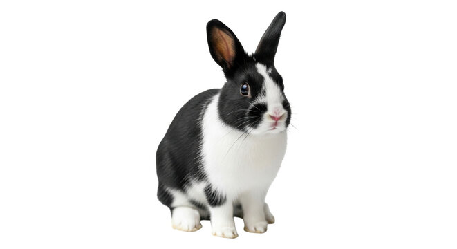 Isolated bicolor rabbit looking at camera, animal portrait, small cute bunny on display