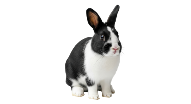 Isolated bicolor rabbit looking at camera, animal portrait, small cute bunny on display