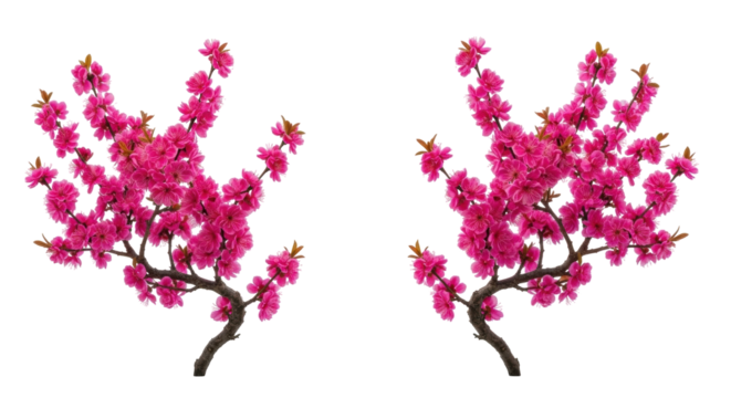 Isolated blooming branches with pink flowers of peach tree, spring flowering element - Powered by Adobe