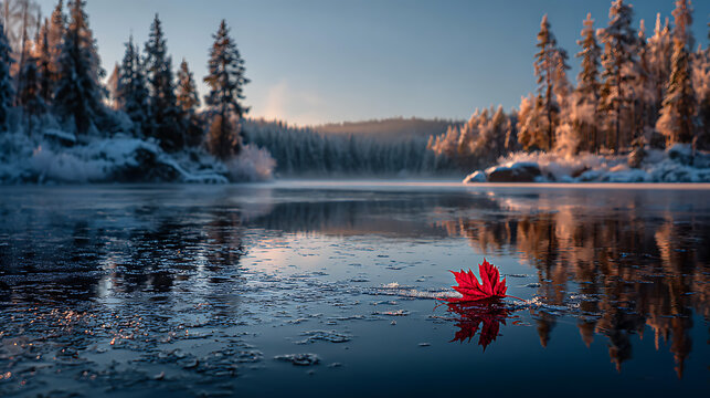 Winter lake landscape with red leaf and snow covered trees nature photography scenic travel destination