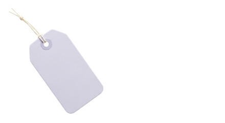 Isolated retail product label tag hanging on cord, price tag with attached string for sale