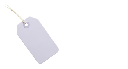 Isolated retail product label tag hanging on cord, price tag with attached string for sale