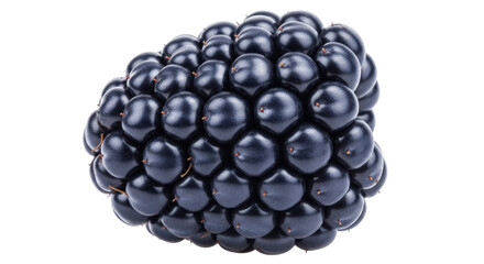 Isolated, shiny dark-blue blackberry fruit is close-up, against a neutral backdrop and clean, healthy