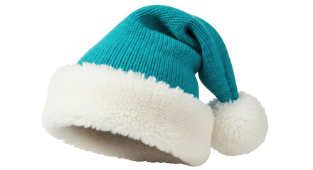 Isolated blue knit hat with white faux fur trim, festive winter headwear fashion accessory