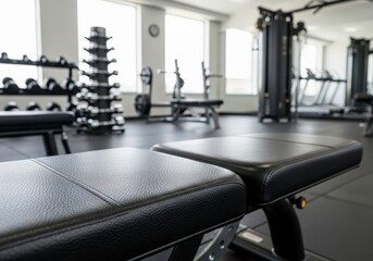 Modern gym interior with exercise equipment and weights in natural light