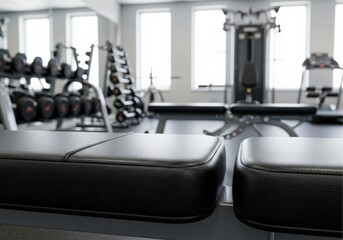 Modern gym interior with exercise equipment and weight benches