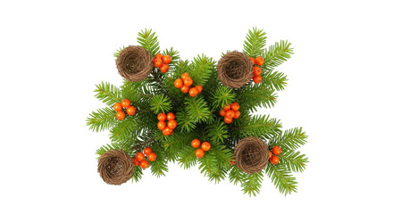 Isolated decorative Christmas arrangement with nests, berries, and green pine branches