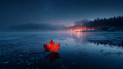 Red maple leaf on frozen lake at night landscape photography stock image for commercial use and backgrounds