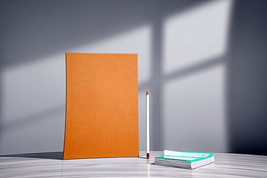 A blank orange paper stands upright next to a white pencil and a stack of notebooks on a marble surface, with window light casting shadows.