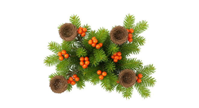 Isolated decorative Christmas arrangement with nests, berries, and green pine branches - Powered by Adobe