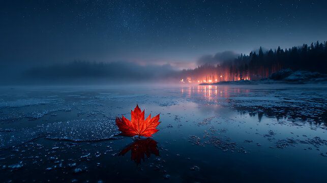 Red maple leaf on frozen lake at night landscape photography stock image for commercial use and backgrounds