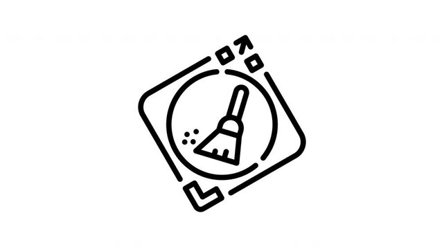 Line drawing of broom sweeping up debris perfect for cleaning service logo, article illustration, household product packaging, and educational material.