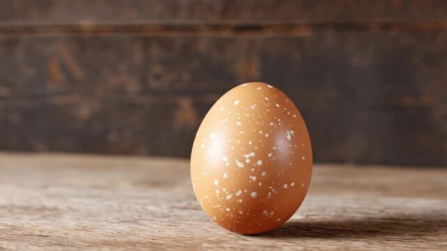 This close-up shot features a single, beautifully speckled brown egg standing upright on a rustic wooden surface, bathed in soft, natural light. The textured grain of the wood provides a warm, blurred