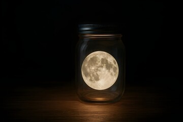 Creative concept of moon glowing inside glass jar on table