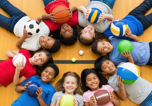 Diverse group of children smiling and holding sports balls on a gym floor
