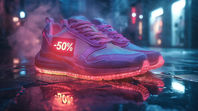 Glowing sneakers with 50 percent sale sign on night city street with mystical fog background. Futuristic fashion discounts. Black Friday, Cyber Monday promotion. Online sportswear retail campaign. - Powered by Adobe