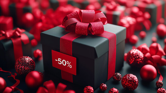 Red and black gift box with minus 50 percent tag and Christmas ornaments. Luxury holiday sale background for Black Friday, festive retail marketing, Cyber Monday, premium seasonal advertising designs. - Powered by Adobe