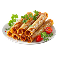 Rolled wraps, stacked on plate, garnished with herbs and tomatoes