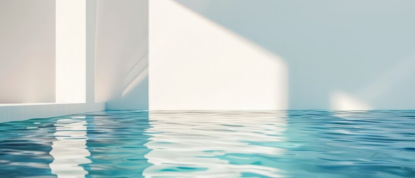 Calm turquoise pool water with smooth ripples reflecting sunlight on a bright white wall. Minimal summer aesthetic background with modern architecture and peaceful atmosphere.