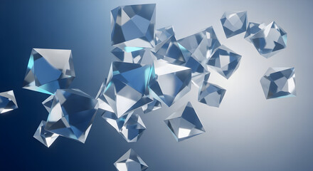 Abstract composition of translucent geometric crystal shards and fragments suspended in a soft gradient blue background reflecting light and creating a sense of ethereal movement and modern elegance