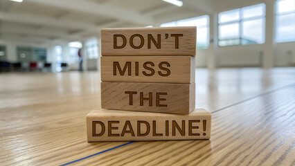 Wooden blocks stacked to display a message about not missing the deadline on a wooden floor in a bright room