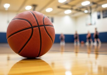 Obraz premium Basketball on a wooden court with players in the background