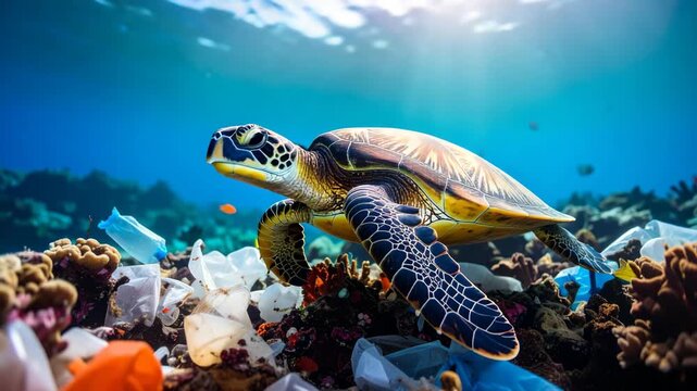 Sea turtle swims through polluted ocean littered with plastic debris, coral reef degradation, environmental concerns, wildlife impact