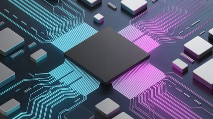 Microchip on circuit board with glowing blue and pink lines