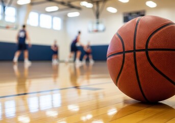 Naklejka premium basketball on the court with players in the background during a game or practice