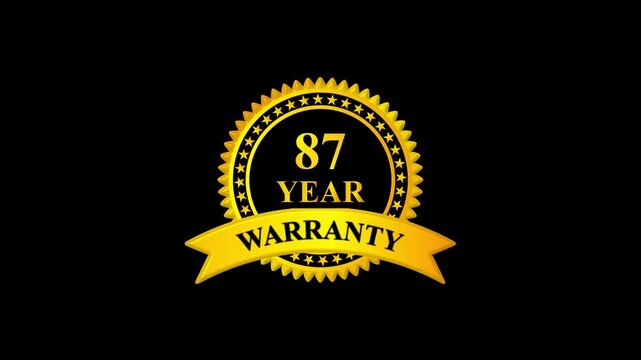 Golden 87 year warranty badge with ribbon on black background, premium quality guarantee label, certification seal, quality assurance, product guarantee seal, metallic gold warranty