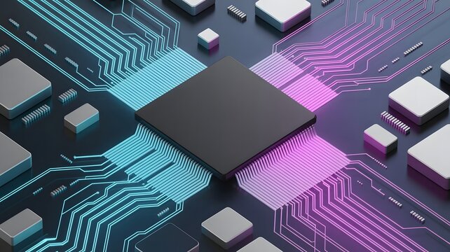 Microchip on circuit board with glowing blue and pink lines