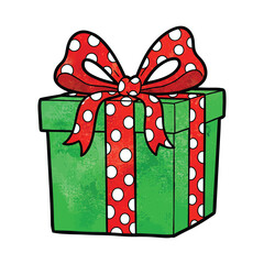 Cartoon green gift box with red polka dot bow