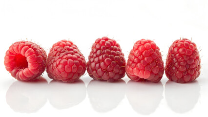 A row of five ripe raspberries, showcasing their vibrant red color and juicy texture in detail