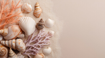 Obraz premium Flat lay of assorted seashells and coral on beige sand background with copy space.