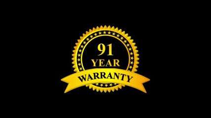 Golden 91 year warranty badge with ribbon on black background, premium quality guarantee label, certification seal, quality assurance, product guarantee seal, metallic gold warranty
