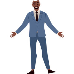 Man in Blue Suit and Tie Gesturing Openly with Joyful Expression on Transparent Background