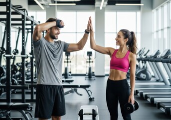 Happy couple high-fiving after a successful workout at the gym