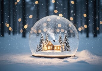 Snow globe with a cozy cabin and falling snow in a winter wonderland scene