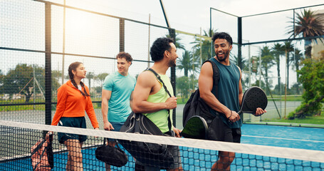 Padel, friends or walk on court with discussion for sport game, friendly match or start practice. Active, people outdoor and racket with conversation for fitness, tennis tournament or begin training.