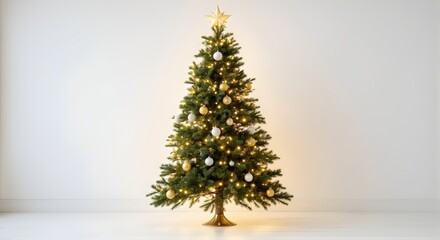 Christmas Tree Festive Season Decoration with Lights and Ornaments Against White Background