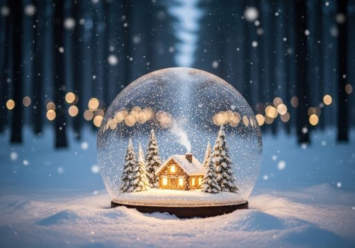 Snow globe with a cozy cabin scene in a winter wonderland setting