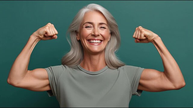 Portrait of a strong and confident older woman flexing her biceps and smiling. This image promotes healthy aging, empowerment, and physical strength. Perfect for wellness, fitness, and motivation them