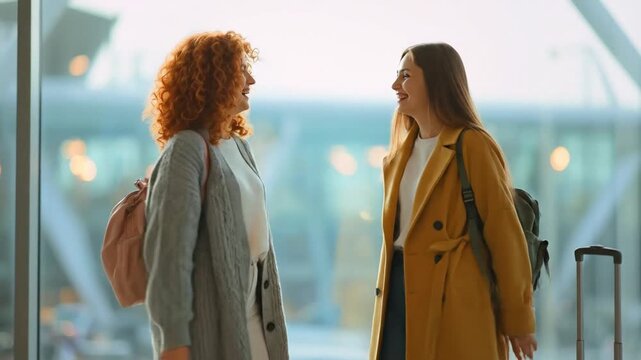 This vibrant video captures two happy young women celebrating with a high-five gesture in a bright, modern interior. One woman, with striking red curly hair, wears a cozy grey sweater and a light back