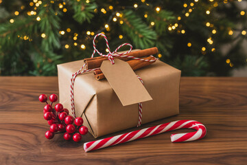 Brown Christmas gift box with a blank tag on rustic wooden table.