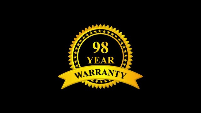 Golden 98 year warranty badge with ribbon on black background, premium quality guarantee label, certification seal, quality assurance, product guarantee seal, metallic gold warranty
