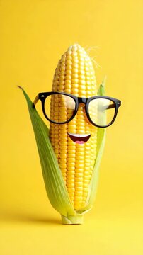 Cheerful corn on the cob with glasses and smile stands against a bright yellow backdrop, a whimsical food concept.