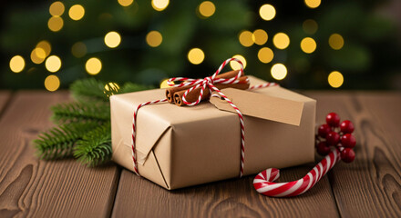 Brown Christmas gift box with a blank tag on rustic wooden table.