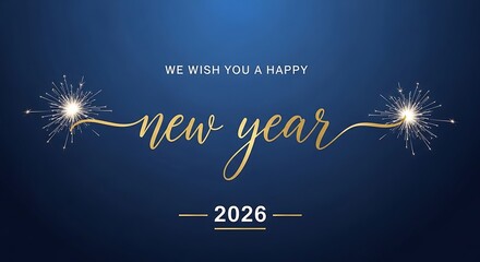 Elegant golden new year 2026 greeting with sparklers on a deep blue background
